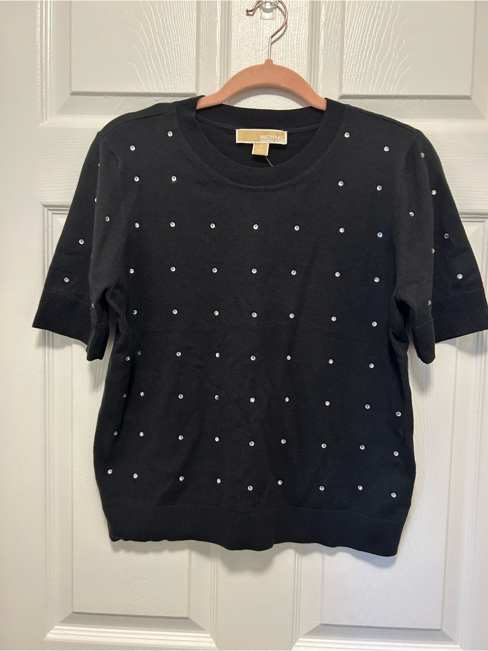 Michael Kors Black Short-Sleeve Embellished Knit Top